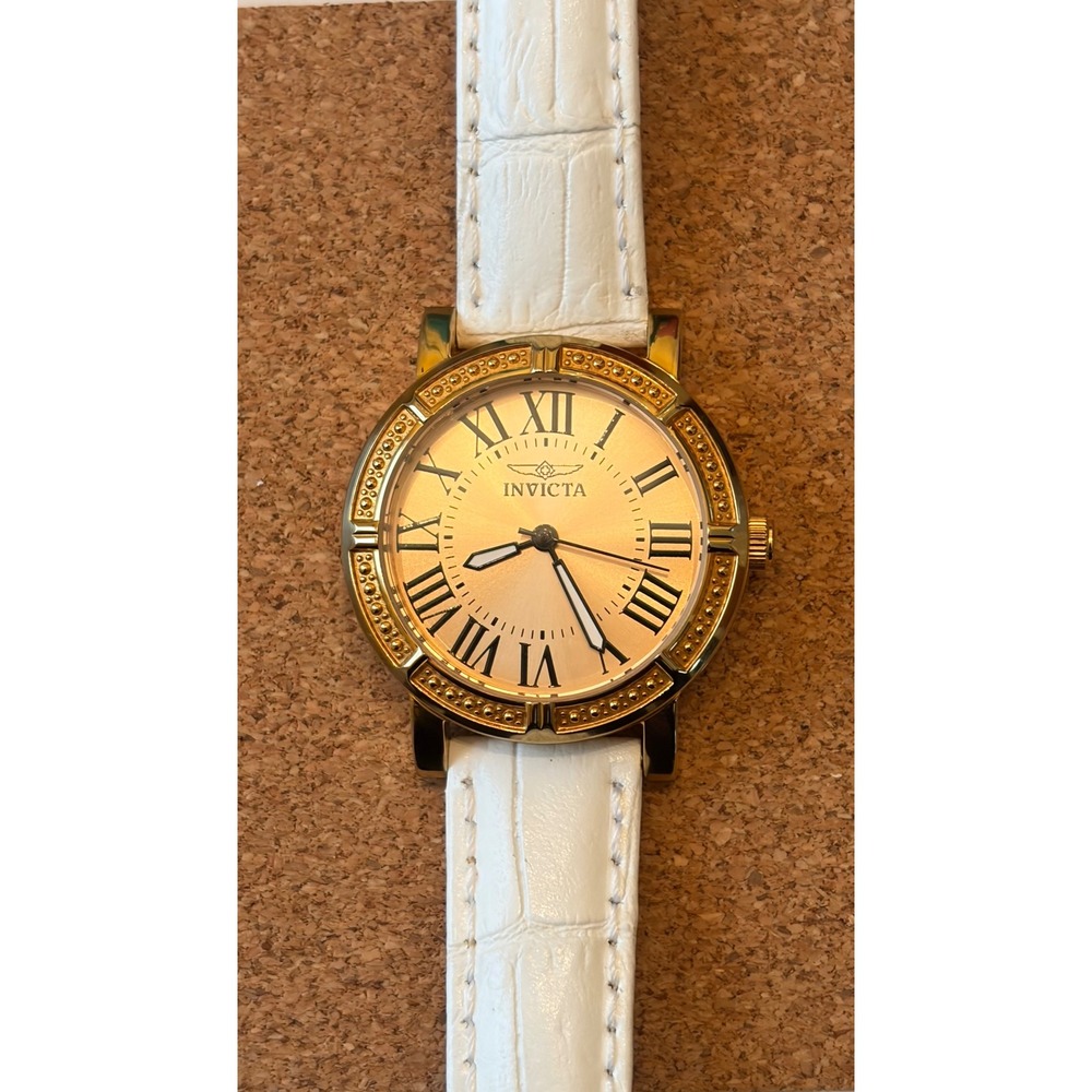 Invicta Wildflower 14892 Womens Gold Tone White Leather Watch Roman Numeral Dial